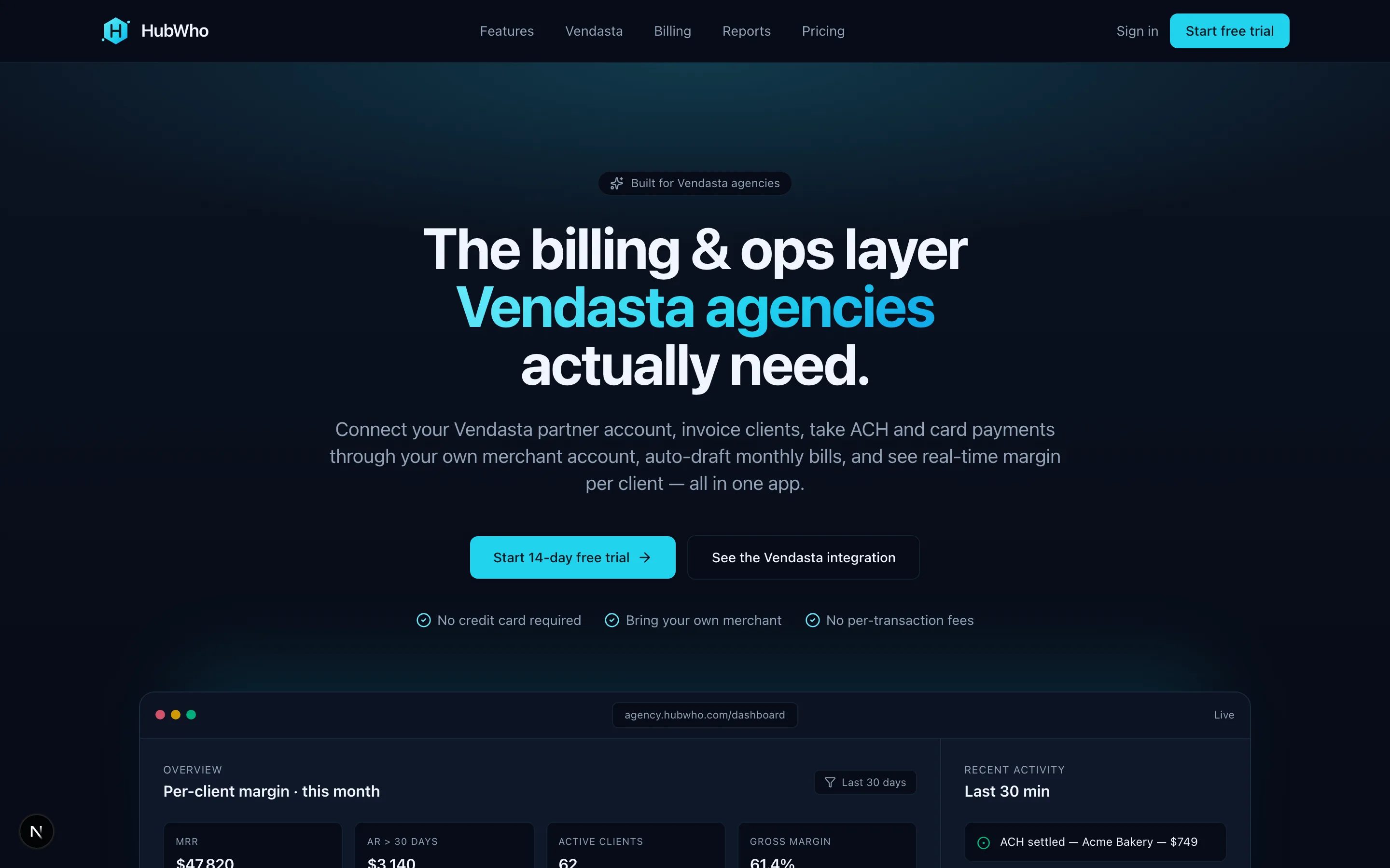 HubWho marketing landing — the billing and ops layer Vendasta agencies actually need