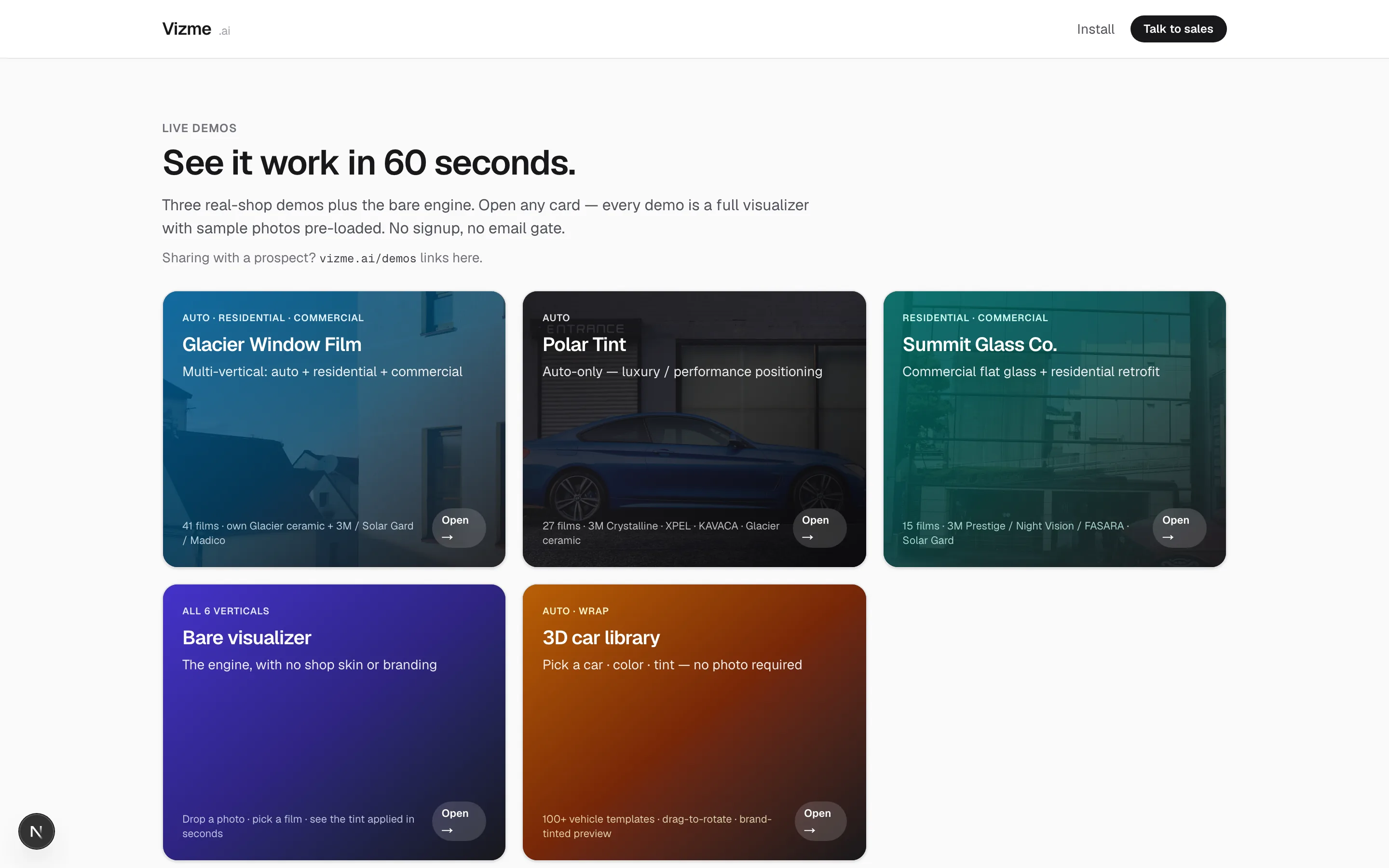 Vizme demos hub showcasing tenant white-label embeds