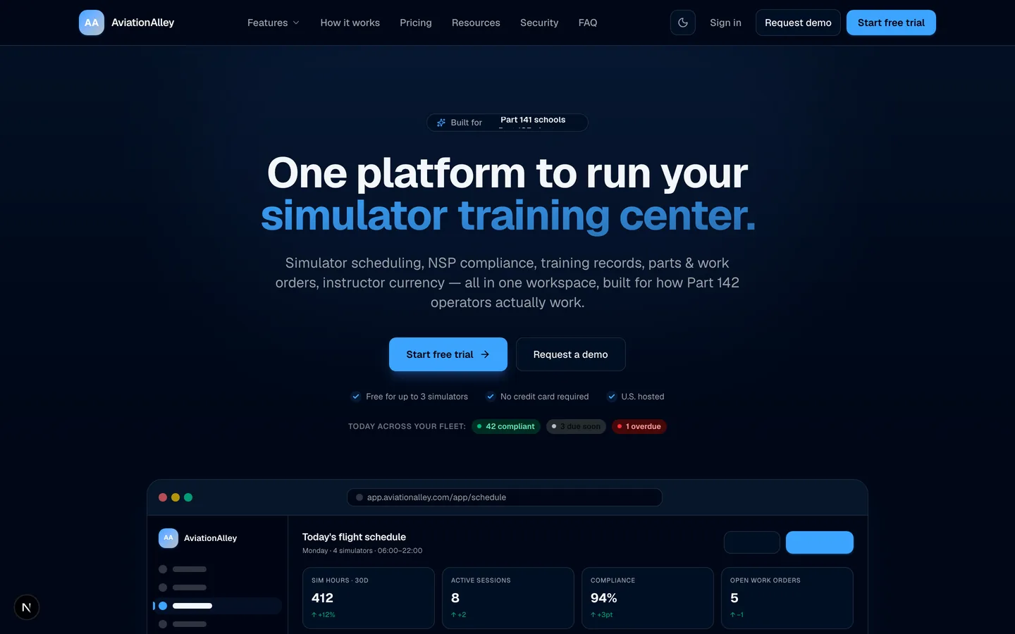 AviationAlley marketing landing page in dark theme