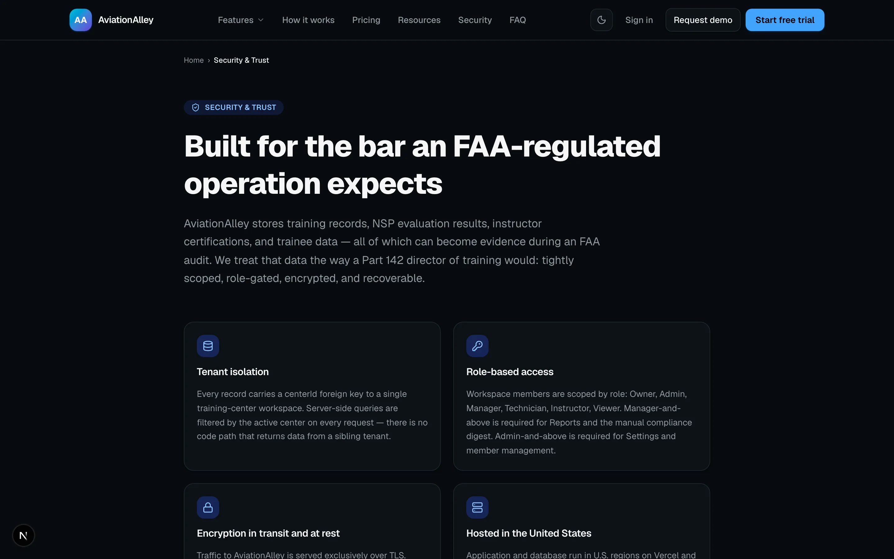 AviationAlley security and trust page for B2B due diligence