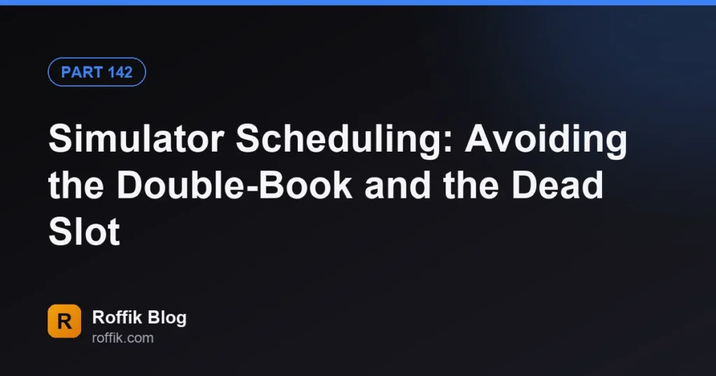 Part 142 badge and title 'Simulator Scheduling: Avoiding the Double-Book and the Dead Slot' on a dark gradient background; Roffik Blog logo lower-left.