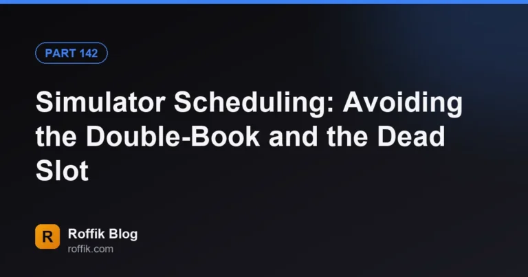 Simulator Scheduling Avoiding the Double-Book and the Dead Slot - Roffik Part 142 badge and title 'Simulator Scheduling: Avoiding the Double-Book and the Dead Slot' on a dark gradient background; Roffik Blog logo lower-left.