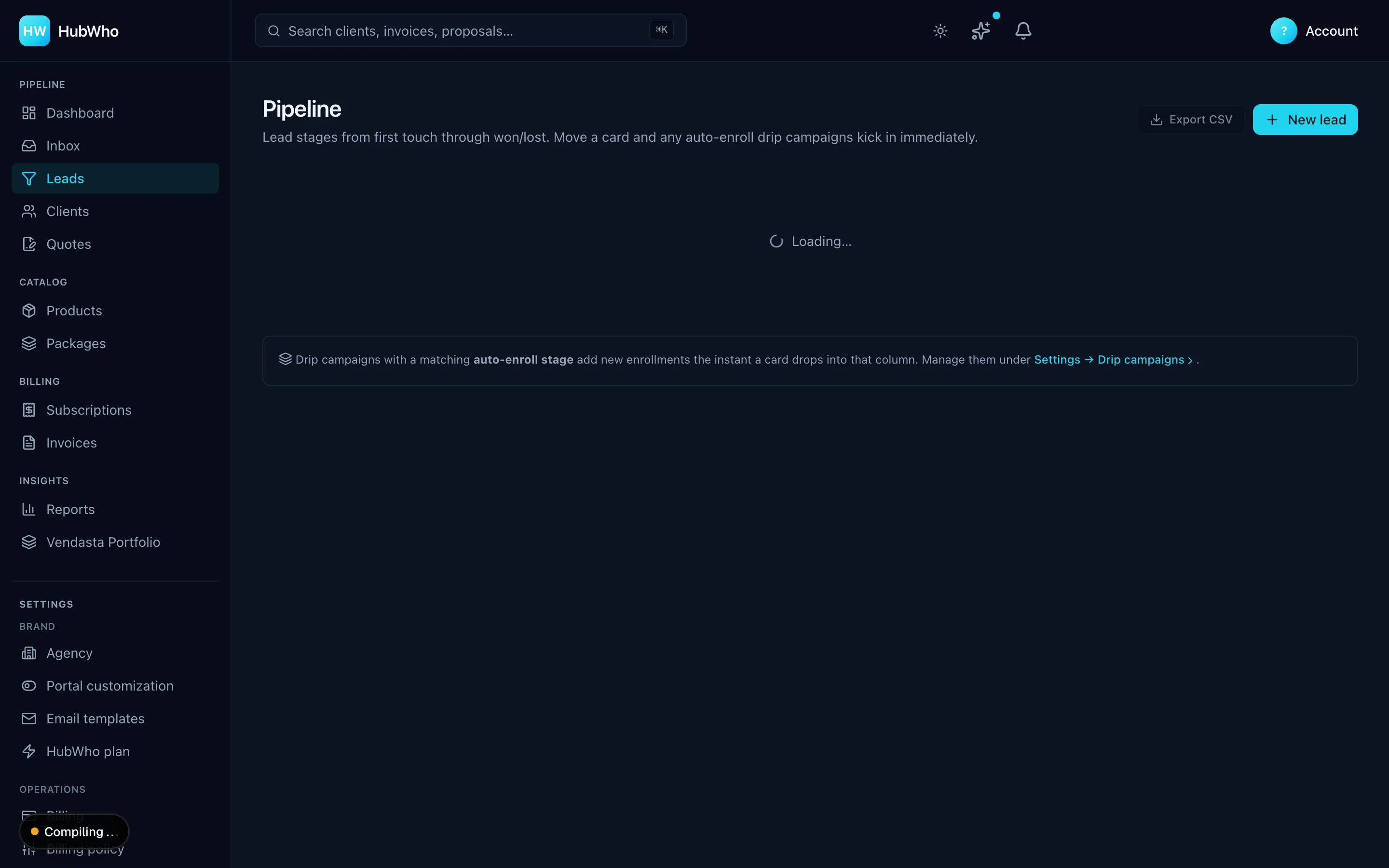 HubWho leads pipeline with auto-enroll drip campaigns