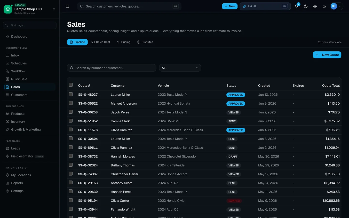 SalesThumb quote builder with car-layout window picker