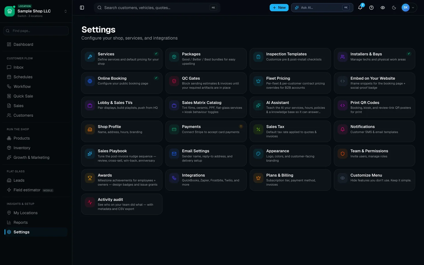 SalesThumb settings with Sales Matrix Catalog, QuickBooks, and AI Assistant