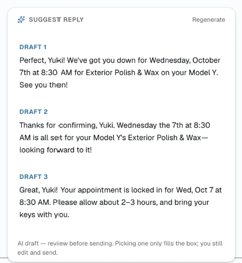 SalesThumb suggested-reply panel with three AI-drafted text replies to review before sending