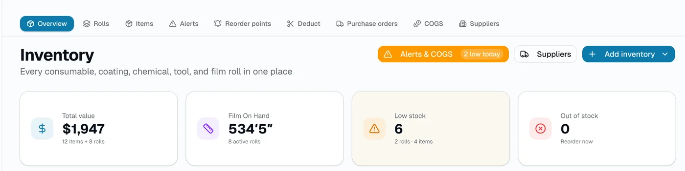 SalesThumb inventory overview with total value, film on hand, low stock and out of stock counts