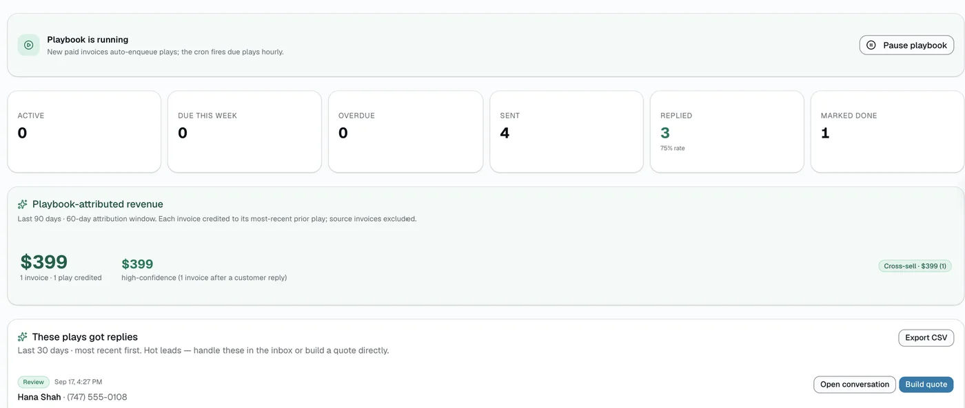 SalesThumb sales playbook showing plays sent and replied, and playbook-attributed revenue