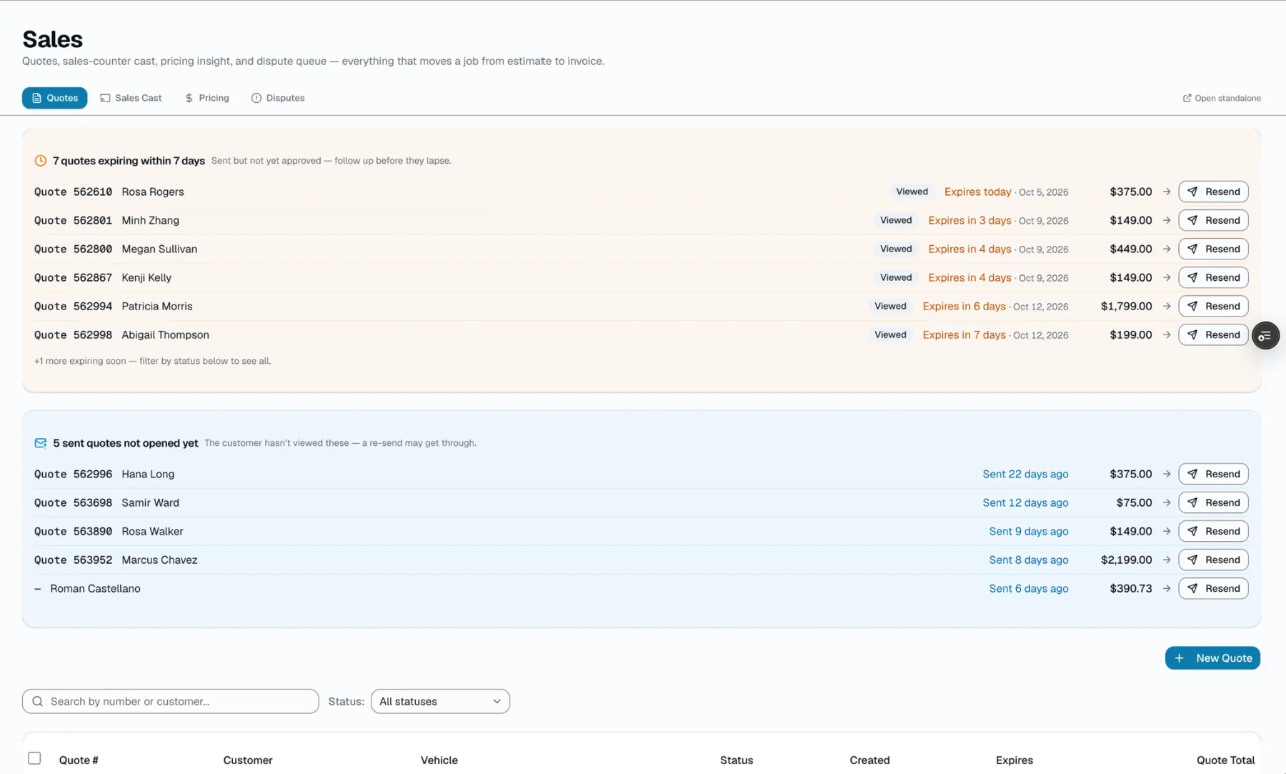SalesThumb quote list with viewed and expiring quotes